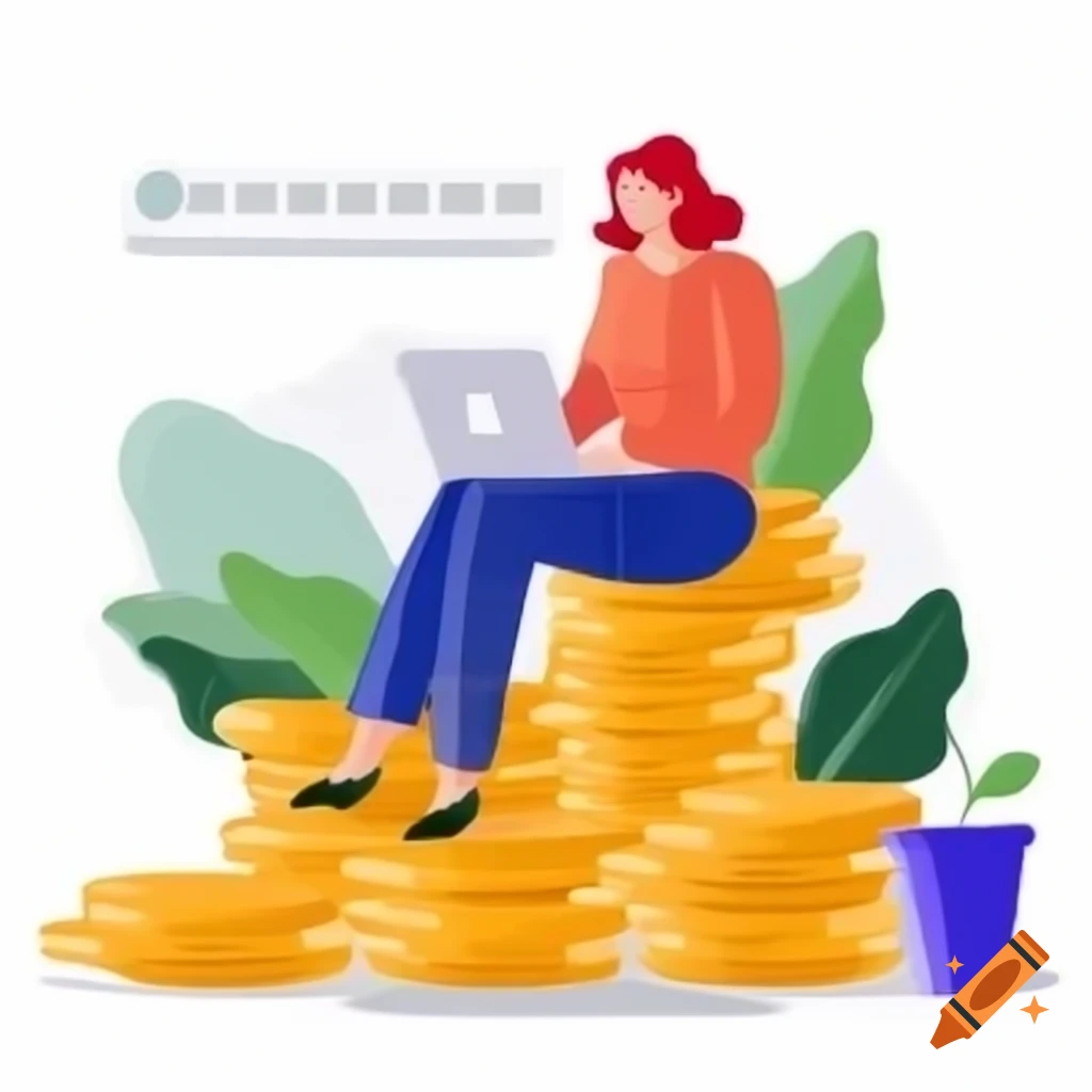 Flat-style digital illustration of a woman with red hair sitting on golden coins working on a laptop