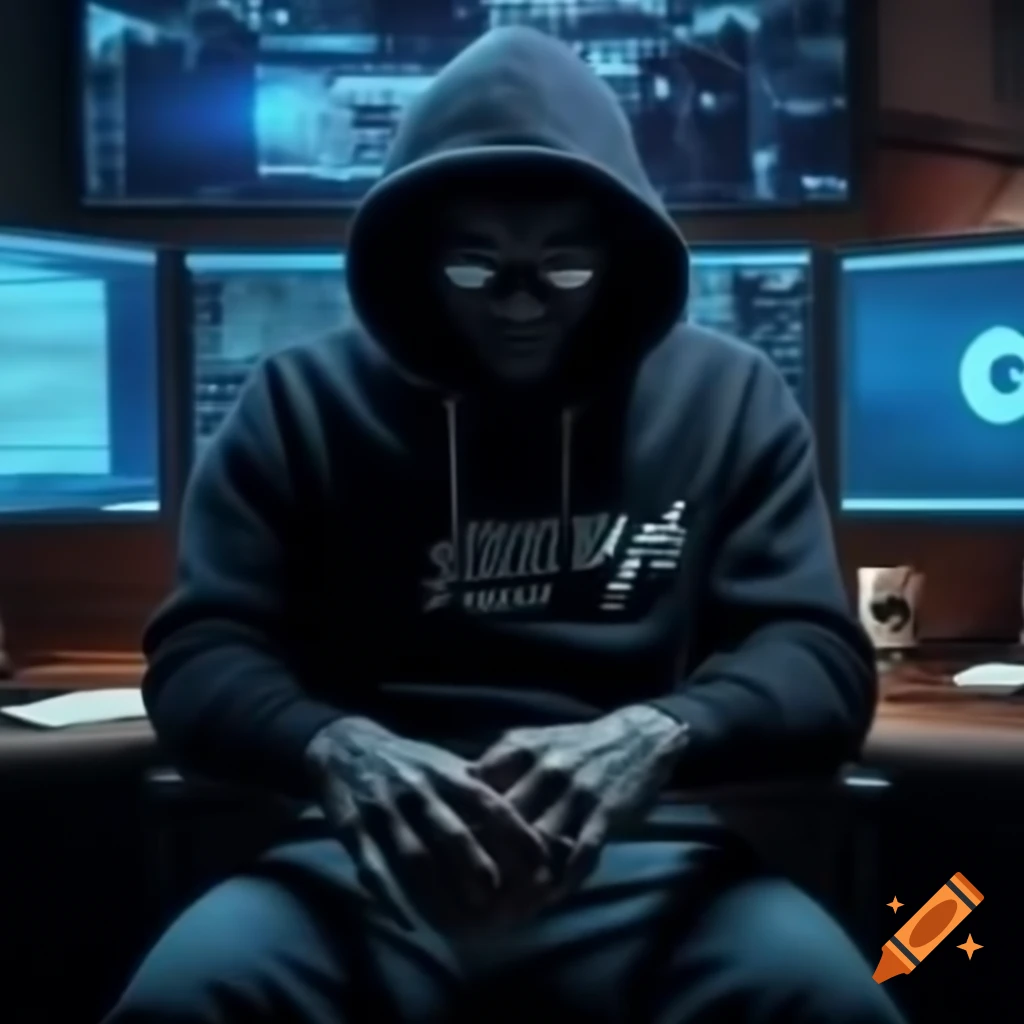 Man wearing hoodie with 'hacker' text seated in front of three computer screens displaying 'hacker'