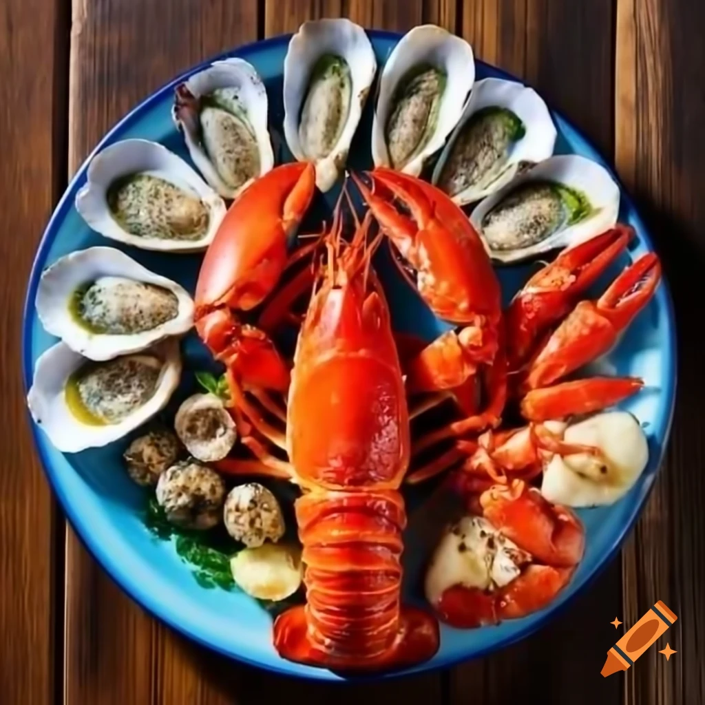 Delicious seafood platter with lobster, grilled fish, shrimps, and oysters