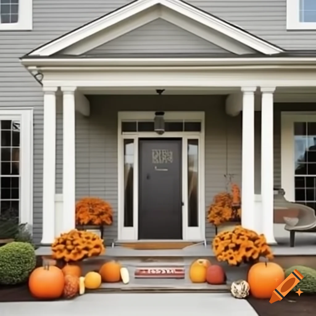 Elegant front porch decorated for fall