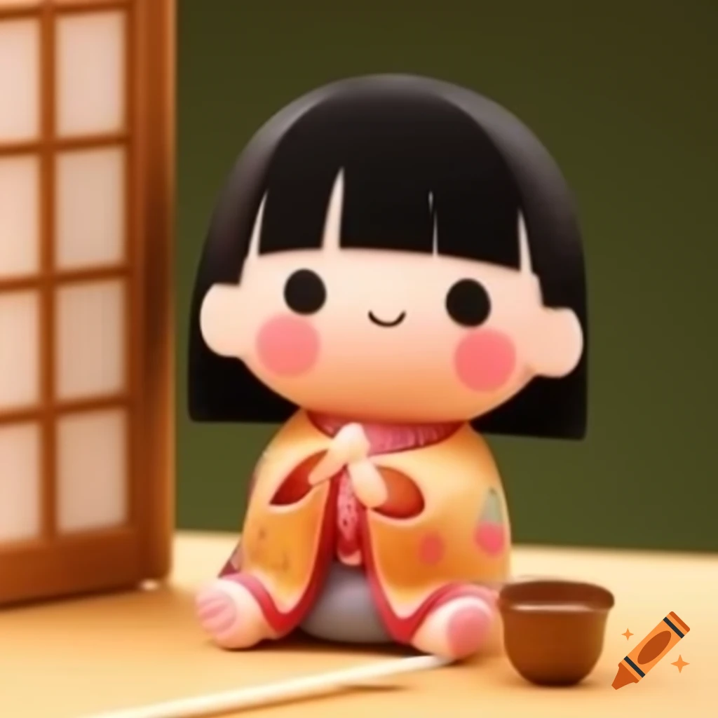 Adorable Hina doll in Japanese art, holding chopsticks and rice