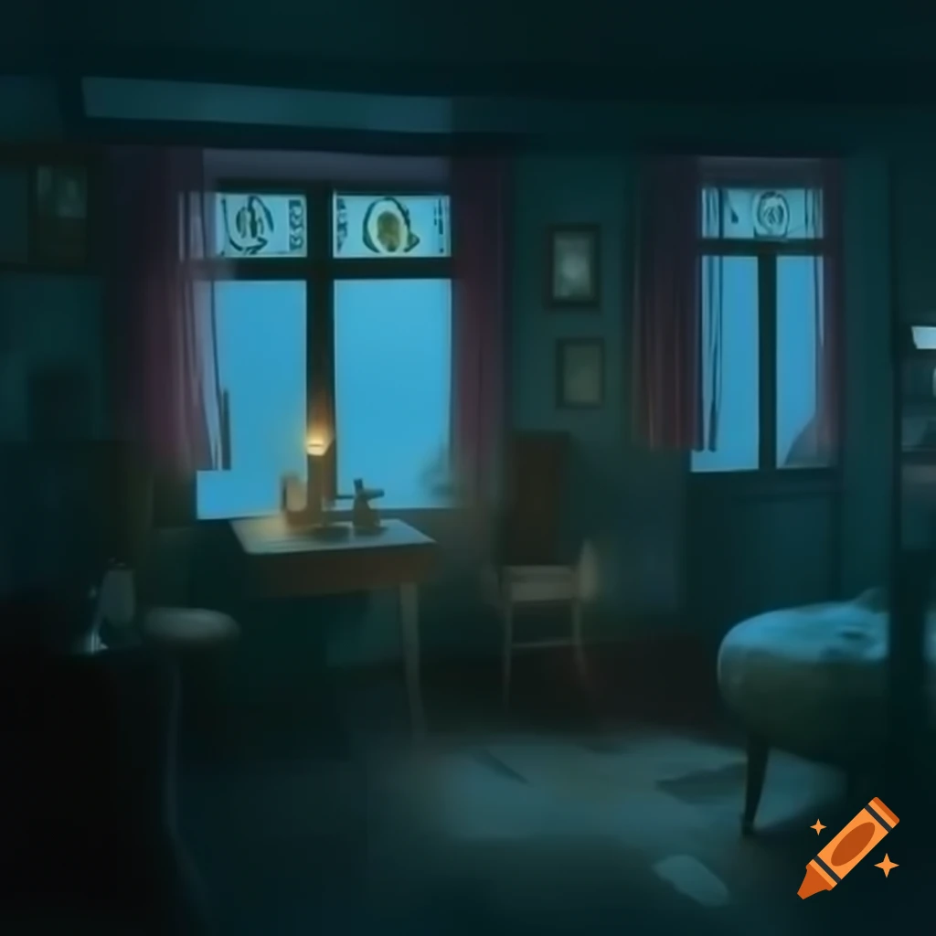 Cozy dimly lit room with vintage decor and rainy street view at night