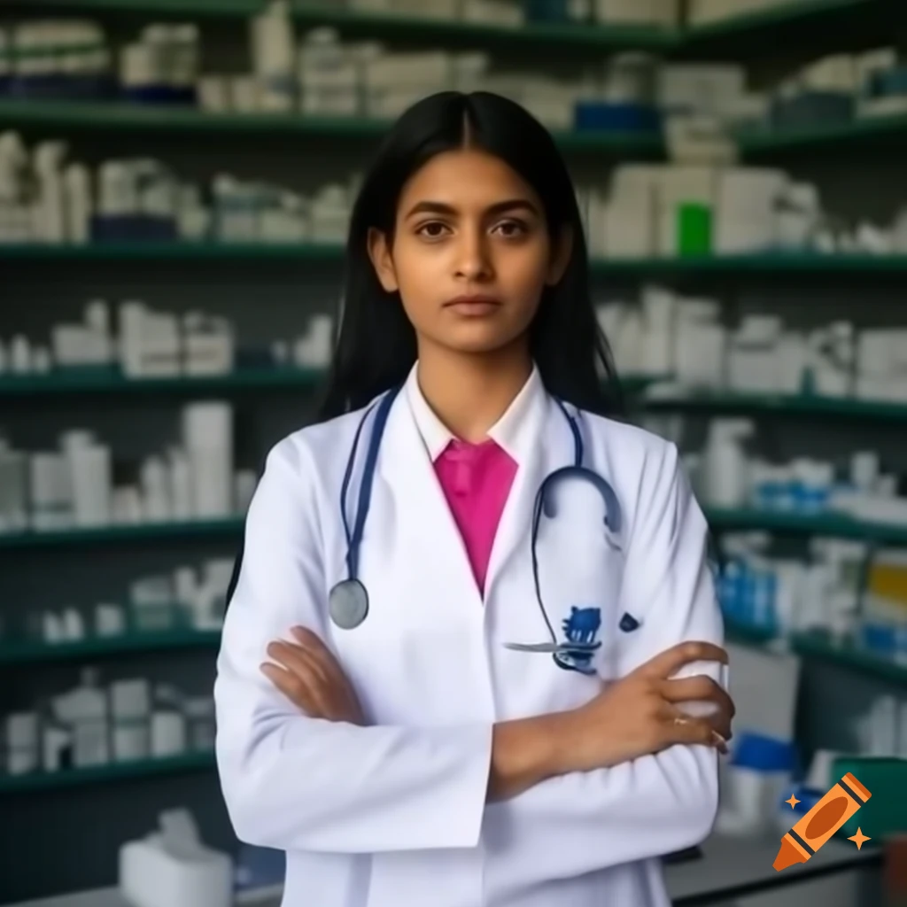 Indian female doctor working in a pharmacy