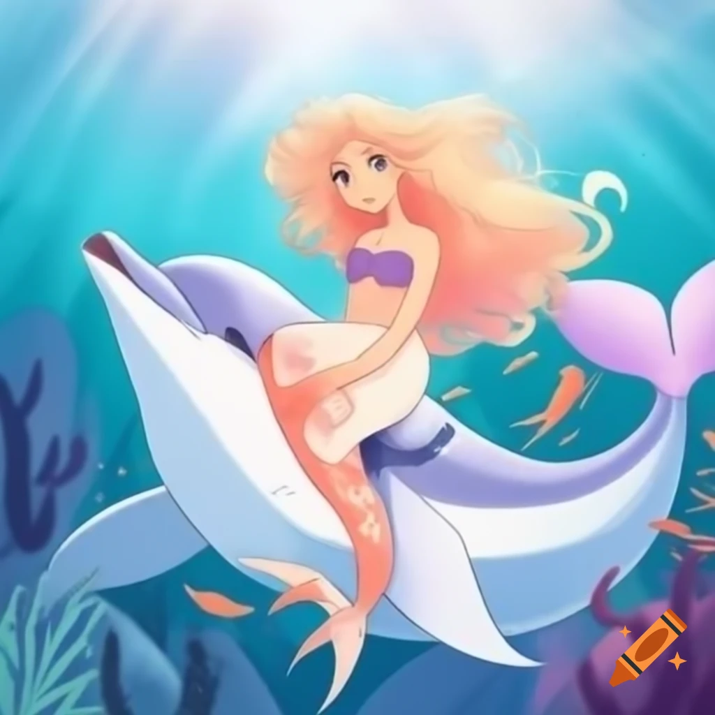 Mermaid with light brown hair riding a dolphin in an aquarium, colorful tail