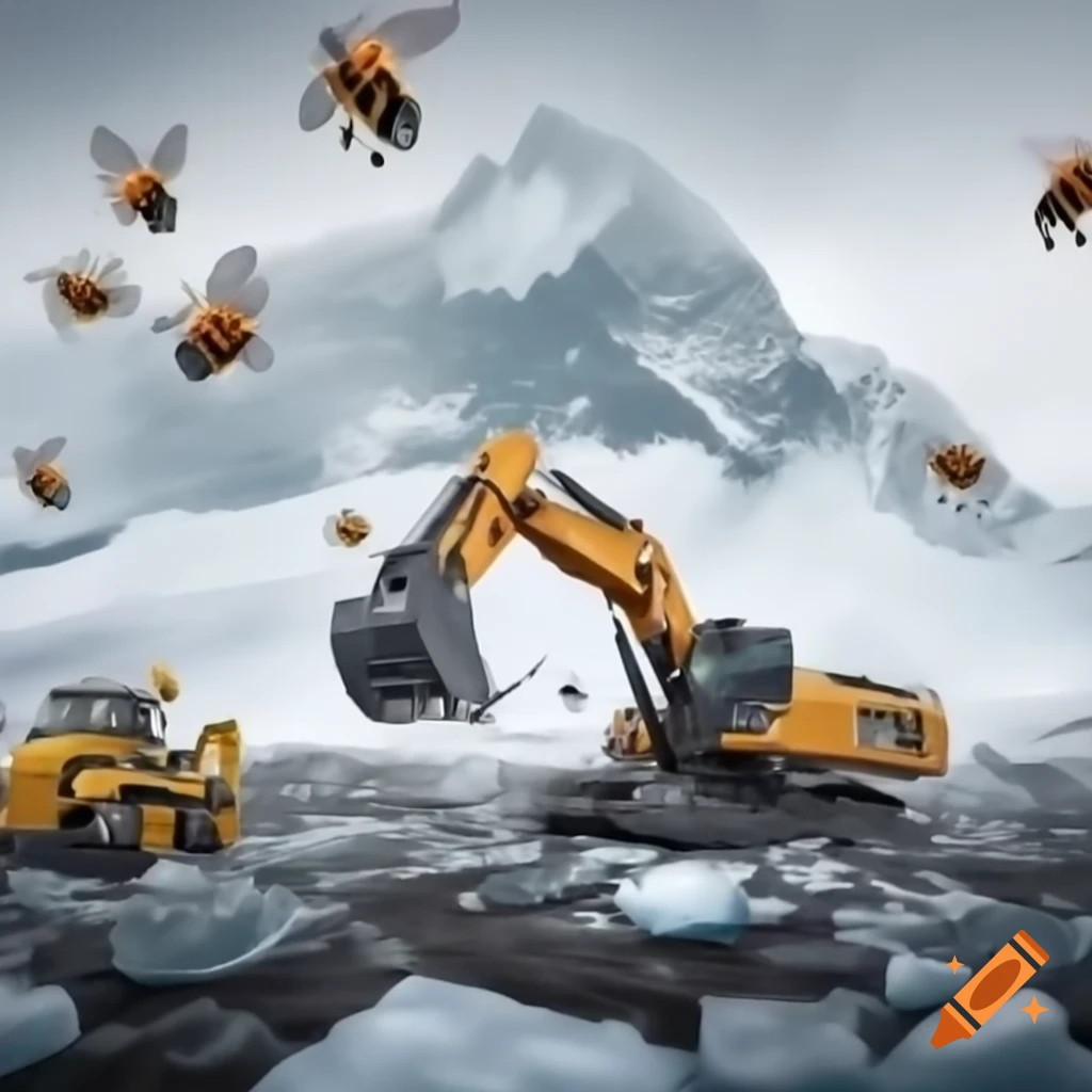 Robotic bees swarming ice-capped mountains amidst rain and grey sky