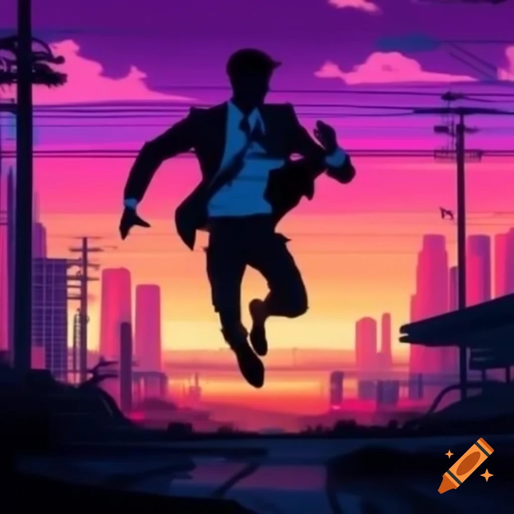 Silhouette of male figure in business suit dancing in vaporwave sunset city