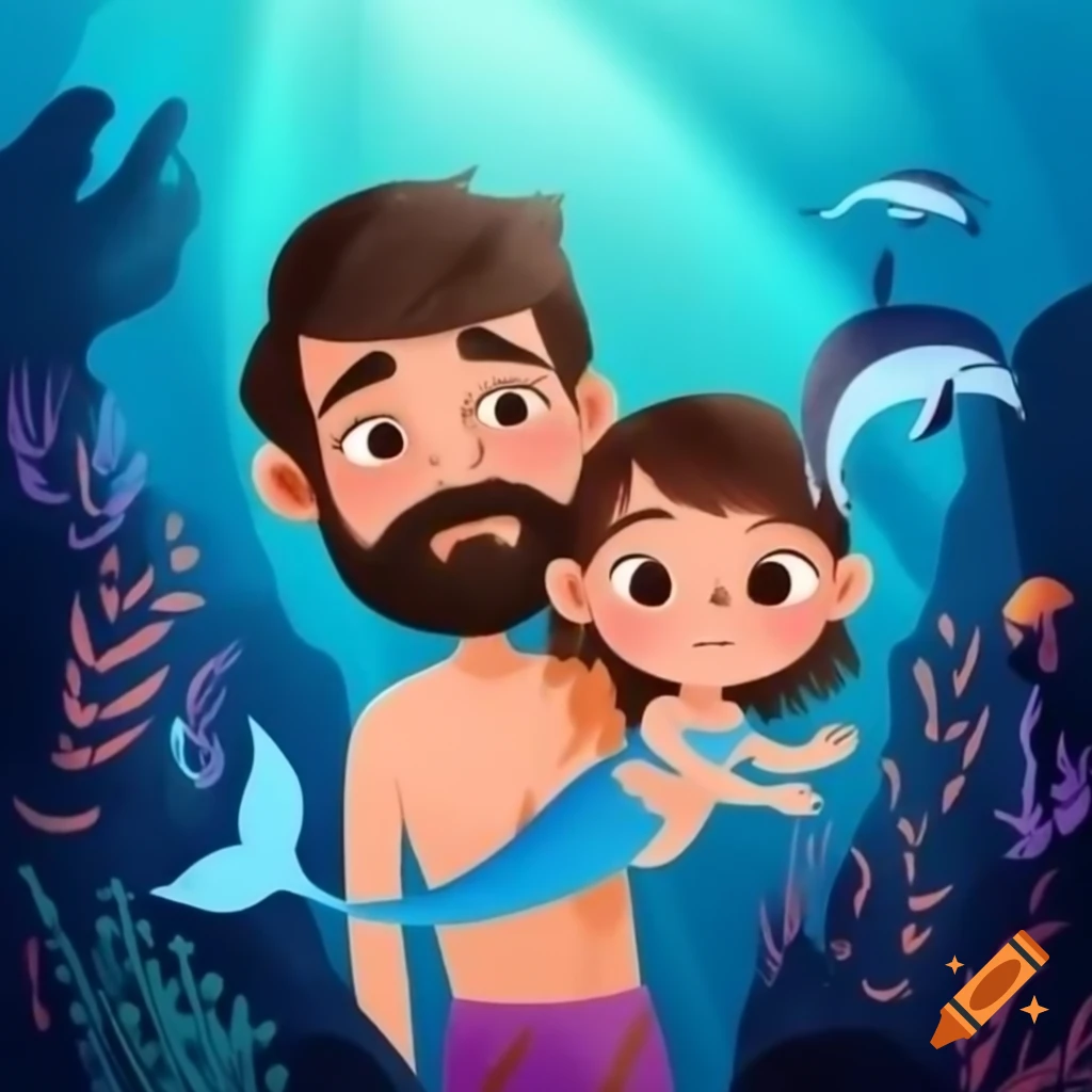 Mermaid dad and daughter in aquarium with colorful tails and dolphins
