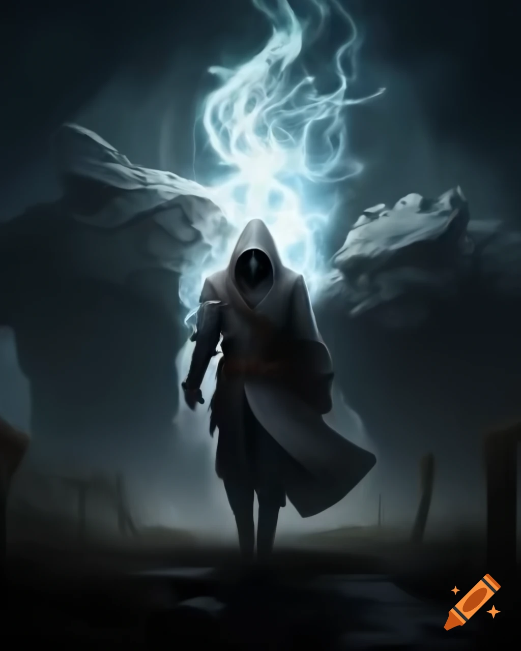 Wanderer in grey hooded coat approaching a white rift in reality surrounded by silver runes, book cover design