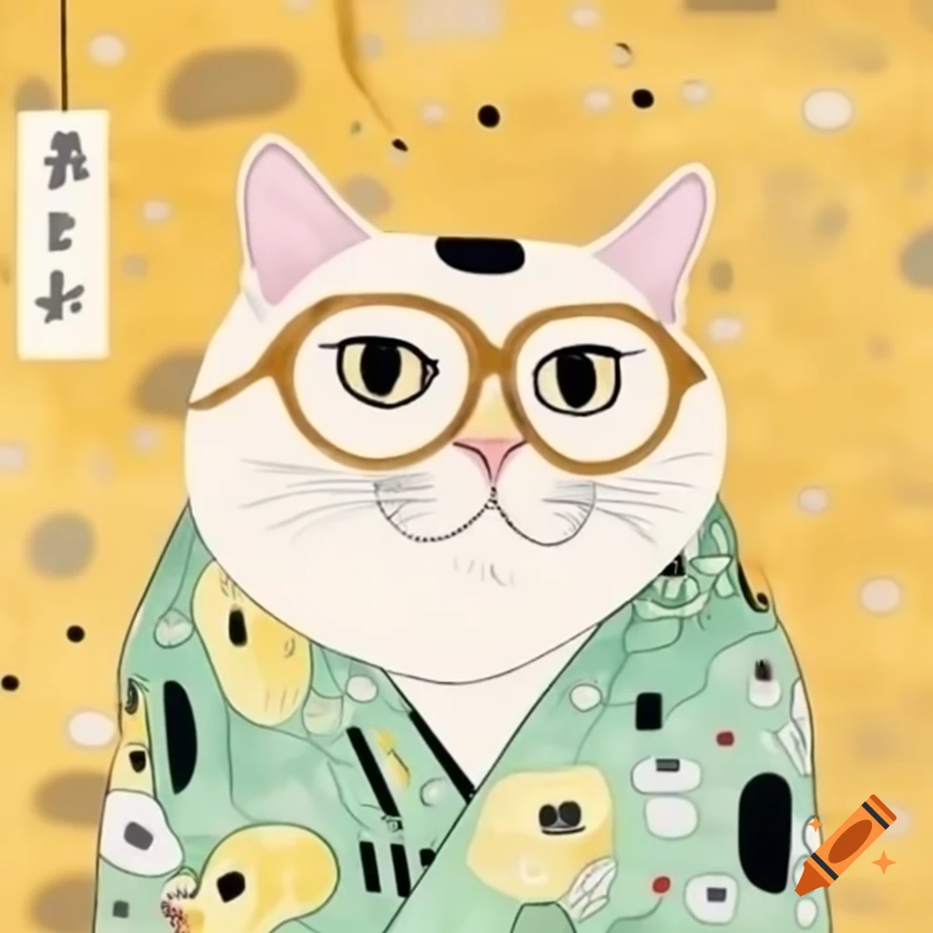 Male cat in glasses inspired by gustav klimt and japanese art style on ...