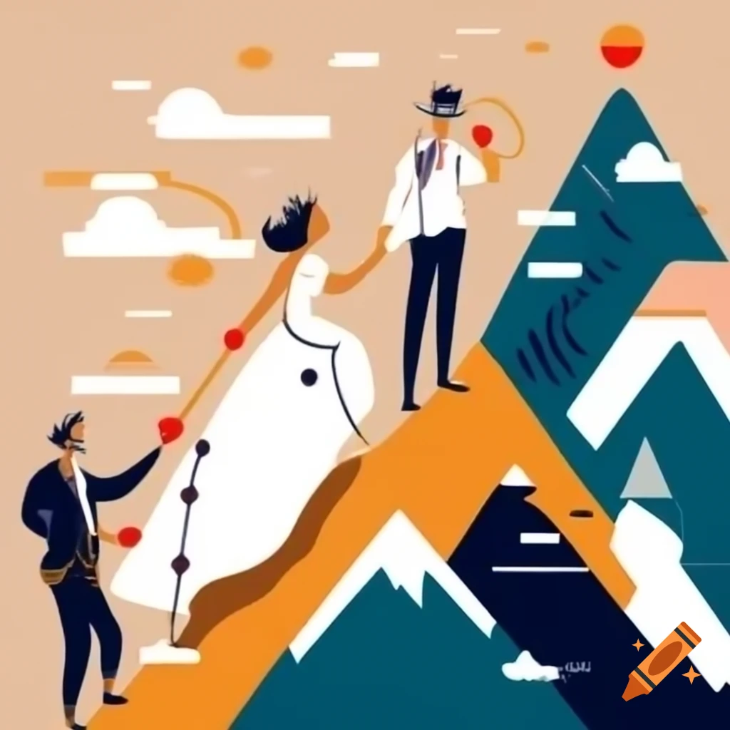 Newlywed couple climbing steep mountain towards the peak in wedding attire