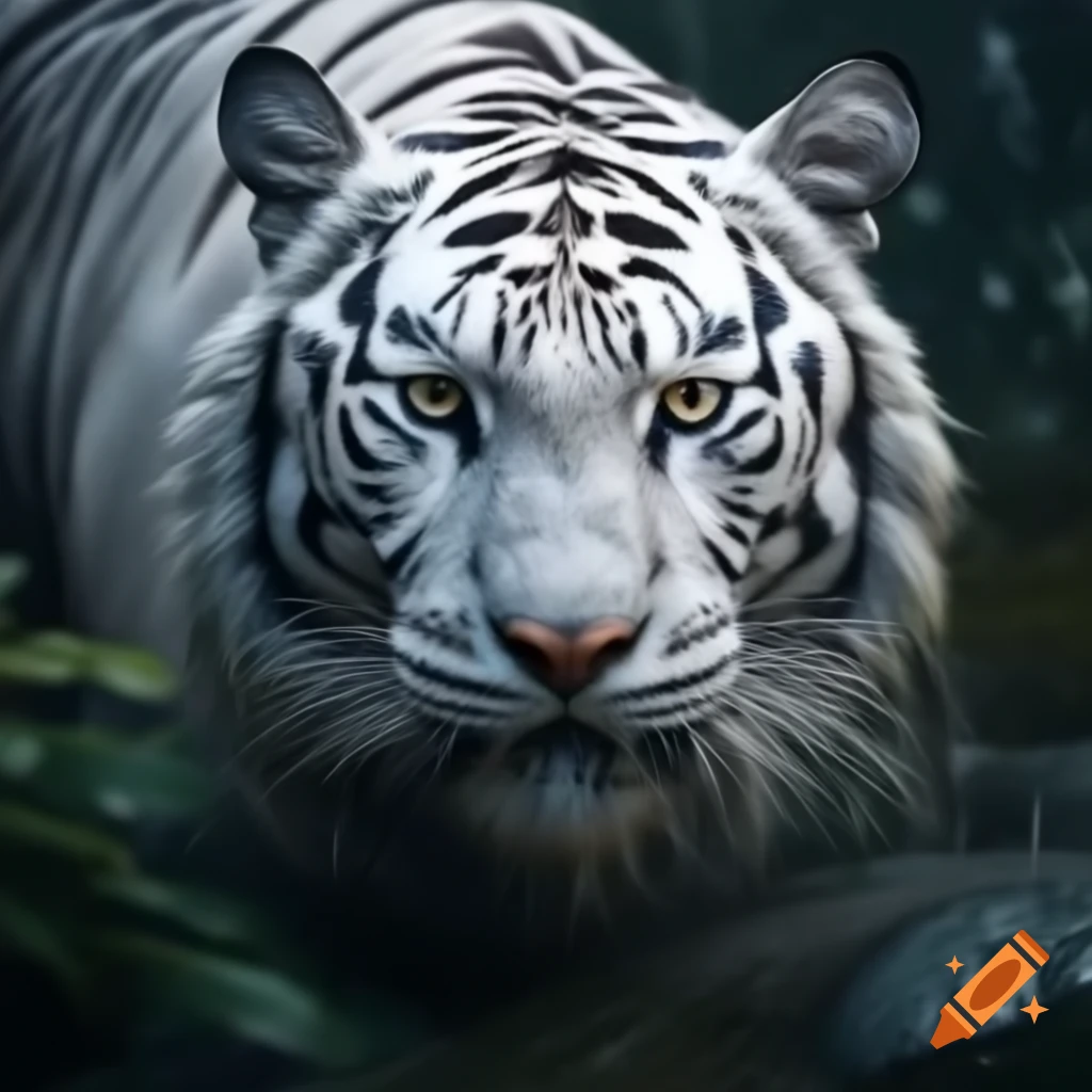 Realistic white tiger emerging from rainforest showcasing its beauty