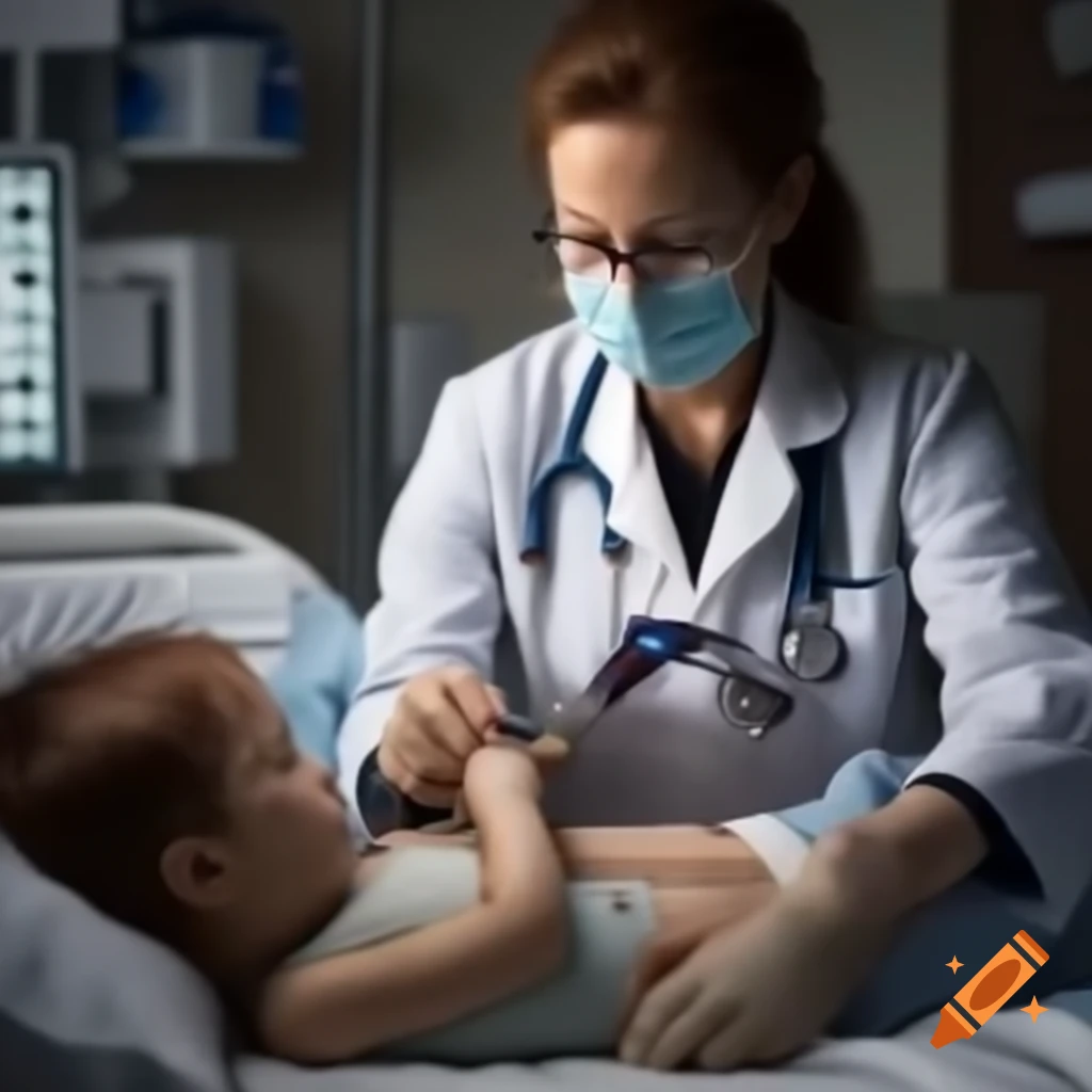 Female field doctor providing care to injured child with teddy bear