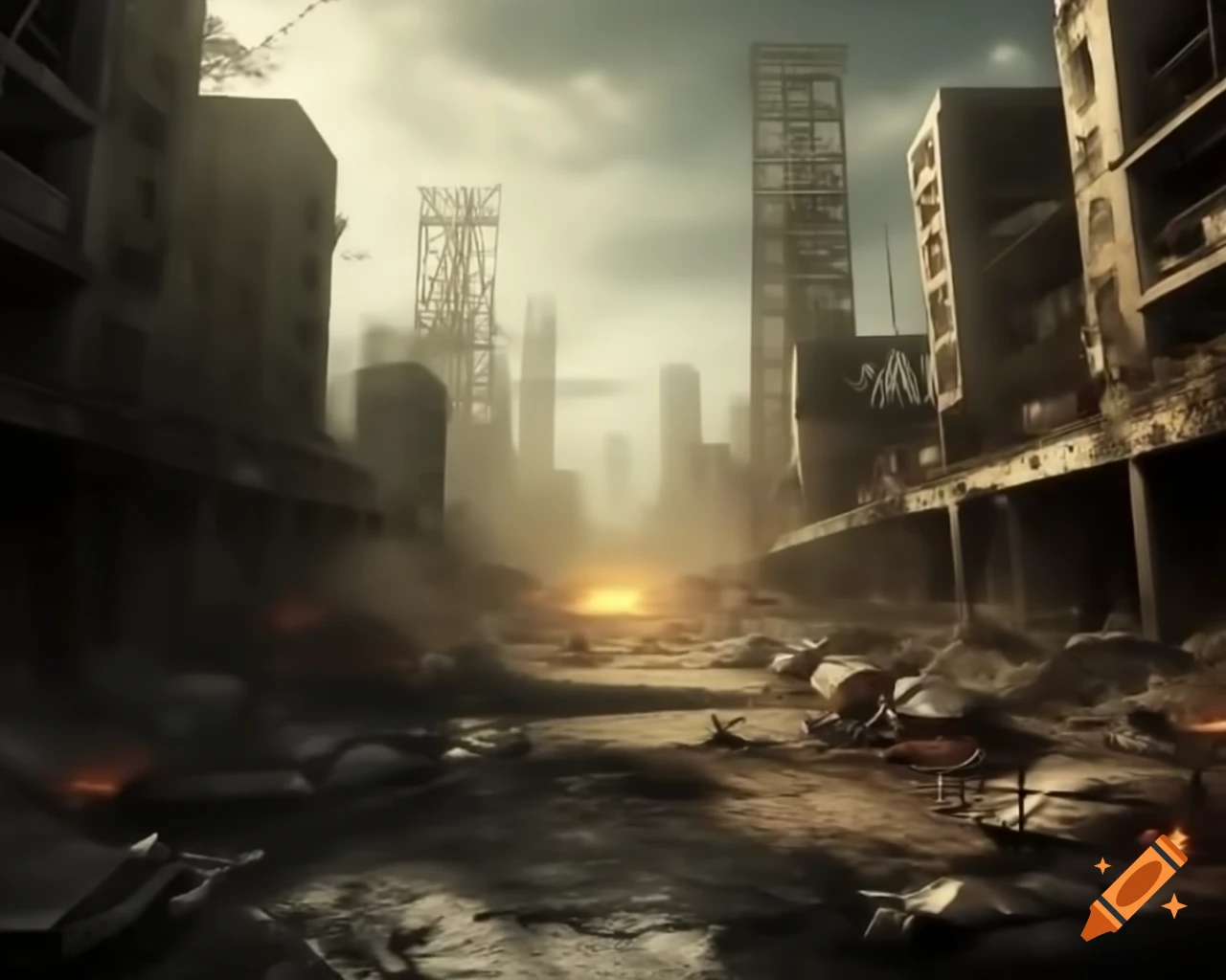 Post apocalyptic cityscape with ruined buildings on Craiyon