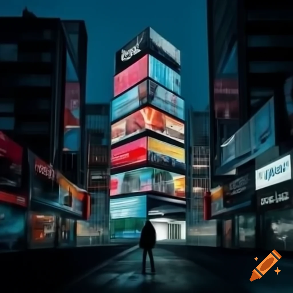 Lone building contrasted by brightly lit structures with vibrant advertisements