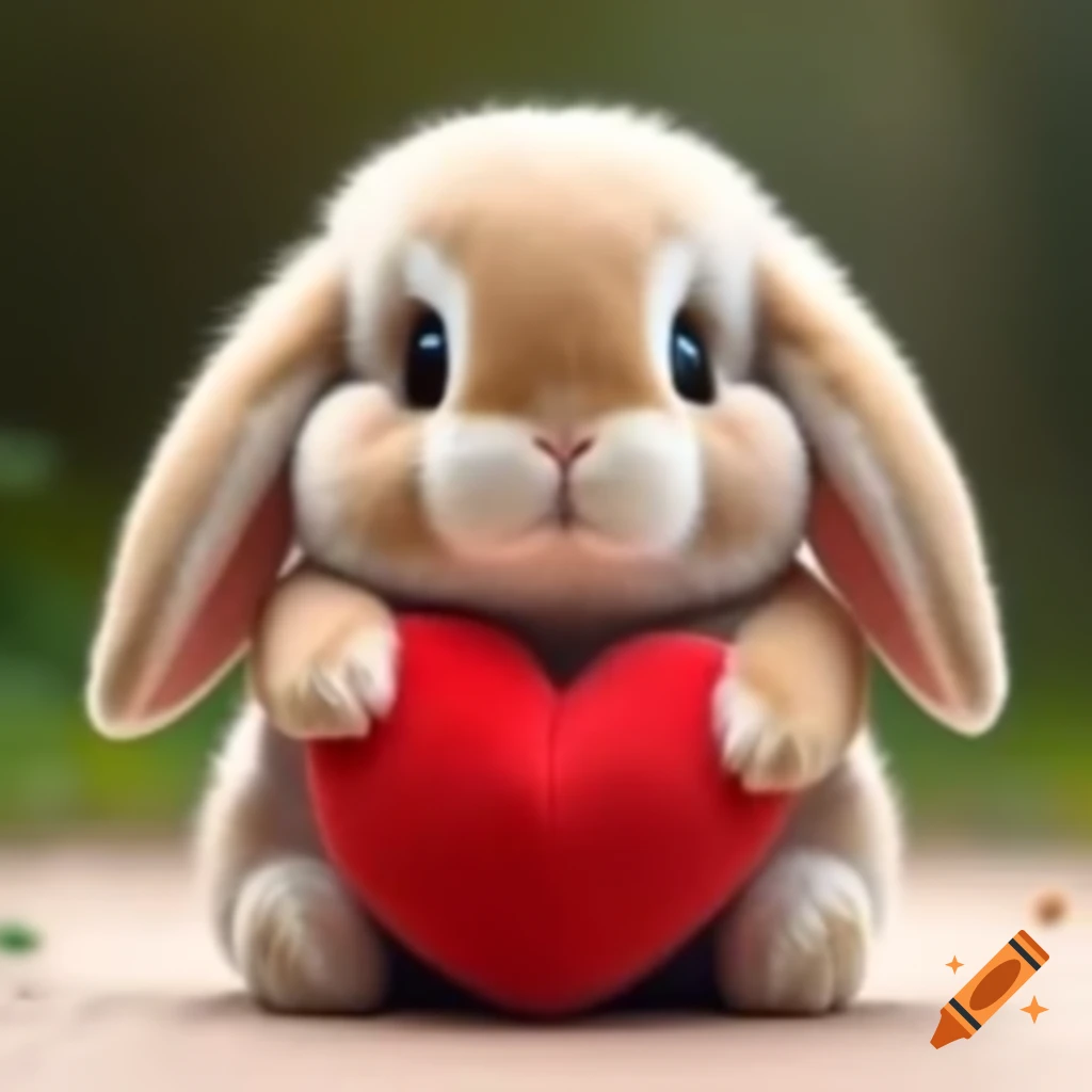 Fluffy bunny holding large plush red heart