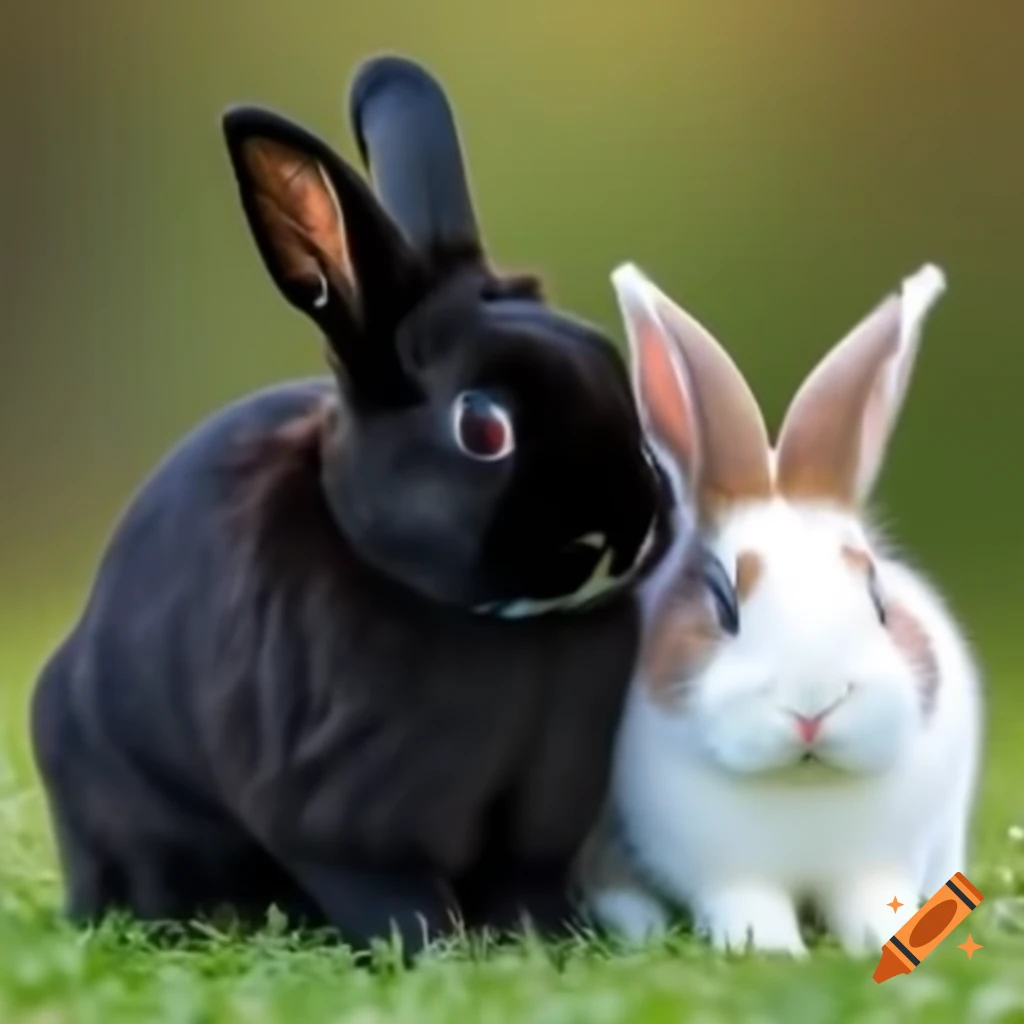 Black bunny with white and brown bunny together