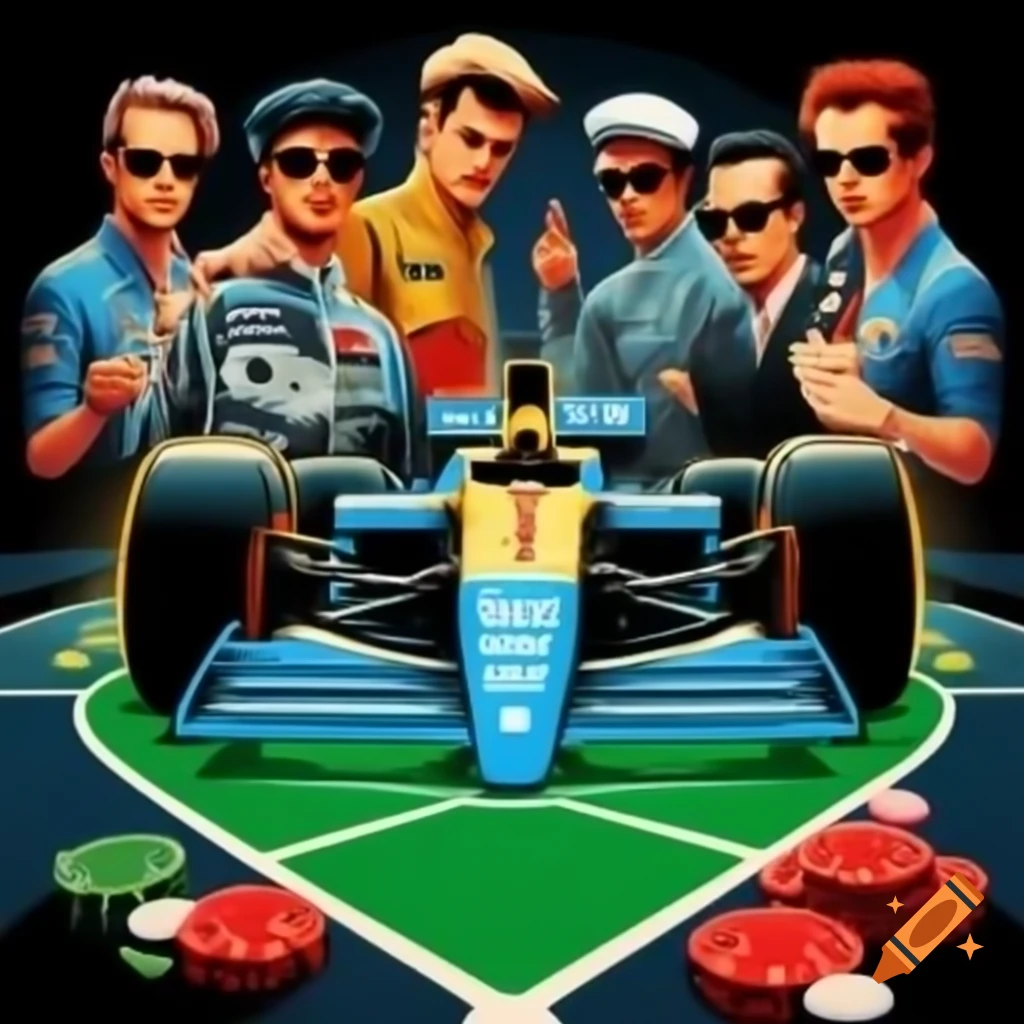 Retro F1 poster featuring drivers playing poker