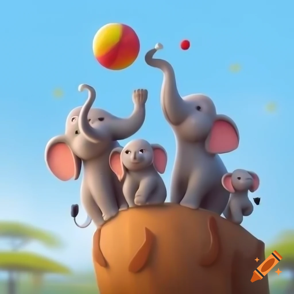 Whimsical illustration of elephants balancing colorful balls on their trunks