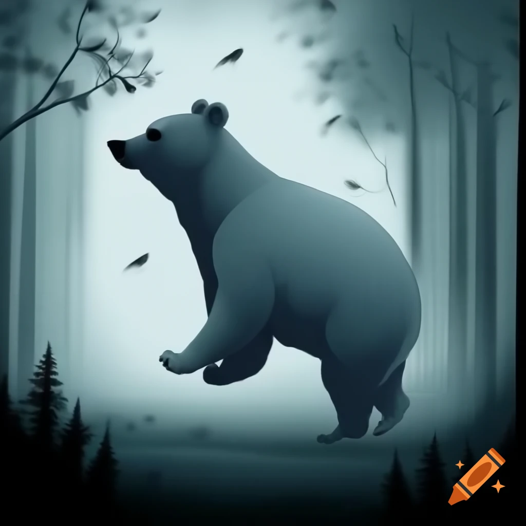 Small bear navigating through dense fog with misty trees