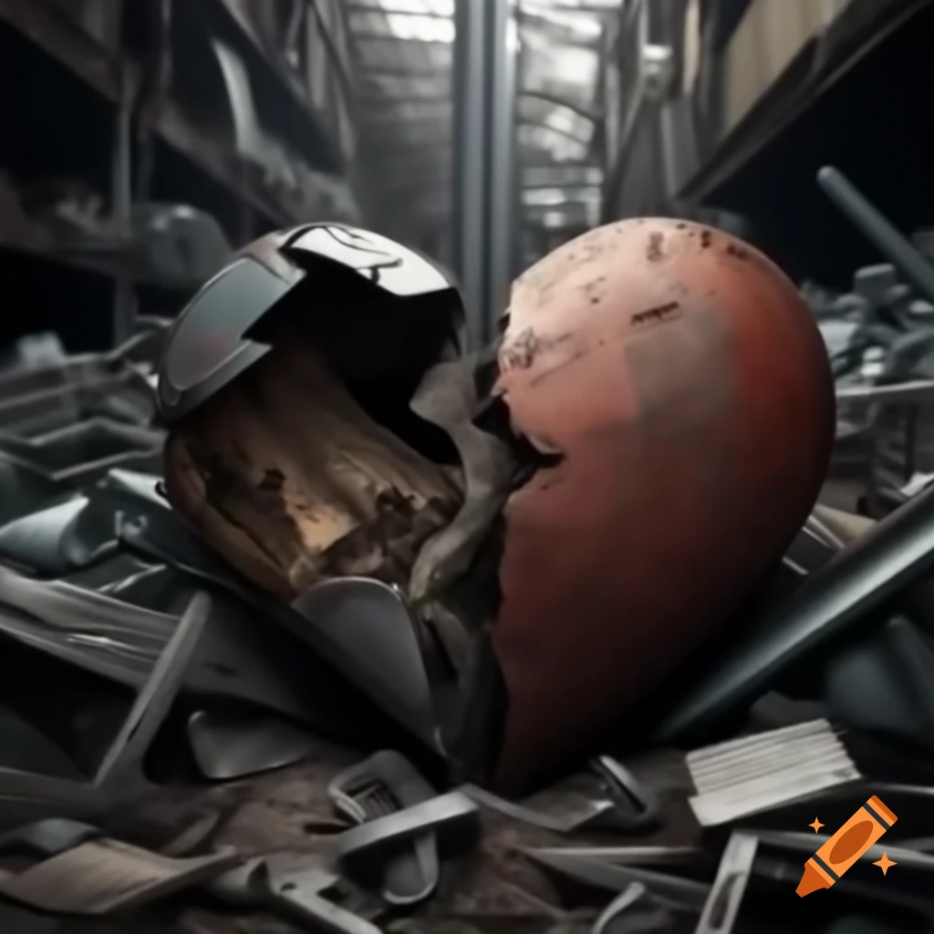 Rusty steel heart among scrap metal in abandoned junkyard