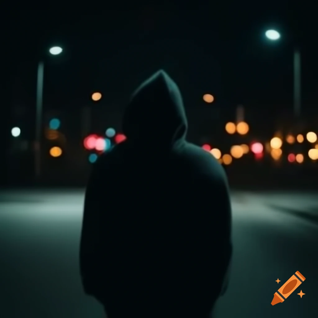 Man in black hoodie standing with back to camera at night