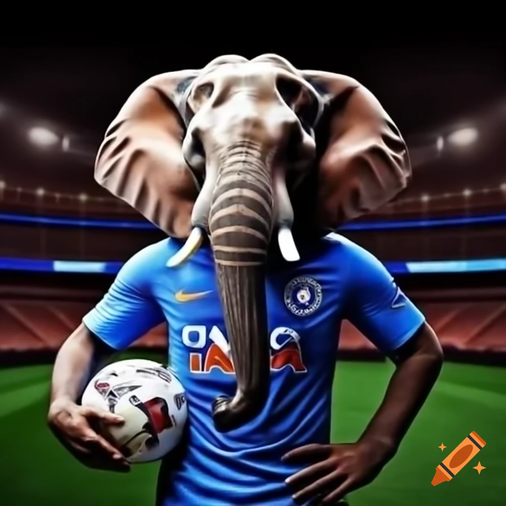 Elephant wearing India football kit holding football