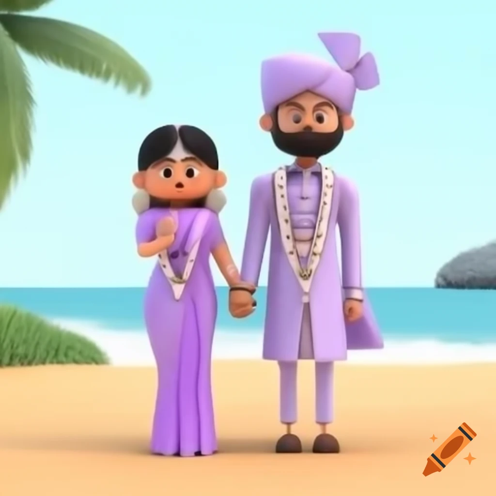 Cartoon engagement couple exchanging rings on a beach, bride in sky blue saree and groom in light lavender sharwani
