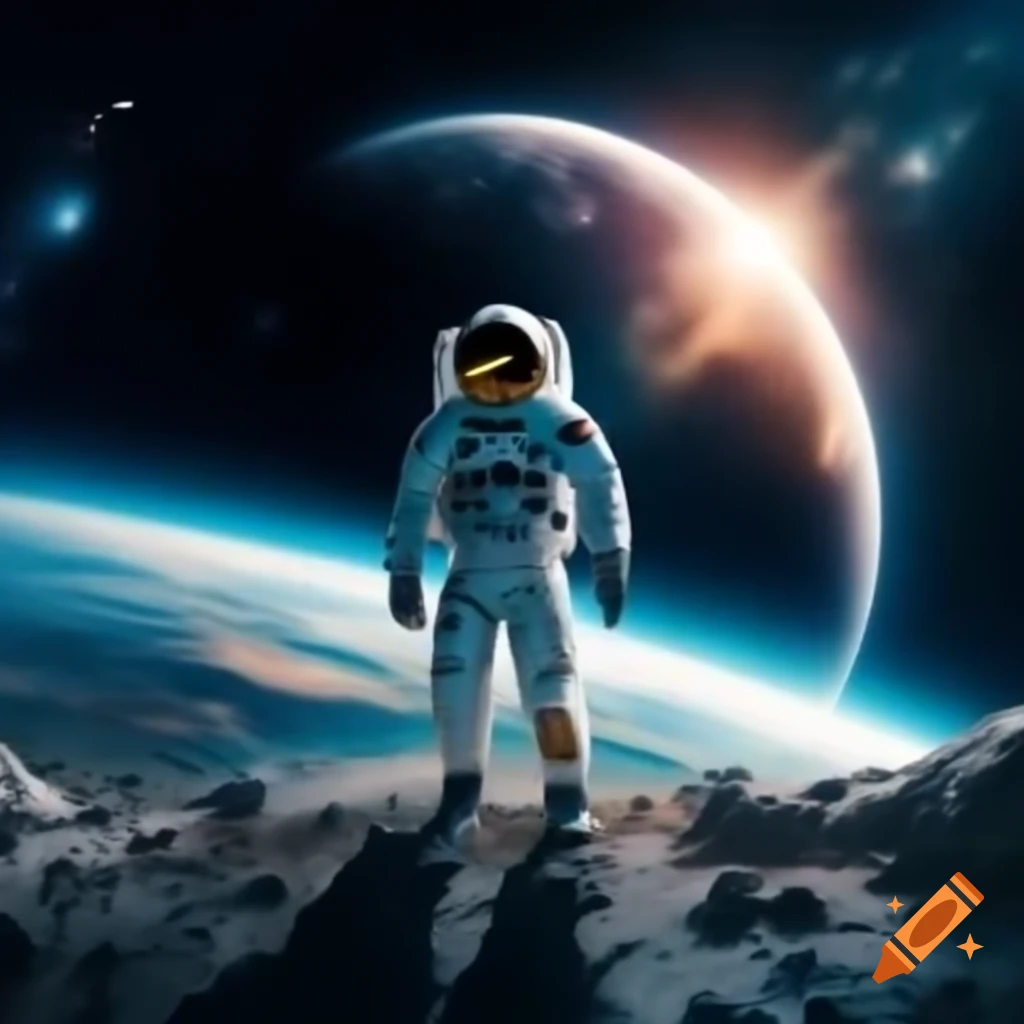Astronaut exploring space near the sun with stars and galaxy in the background