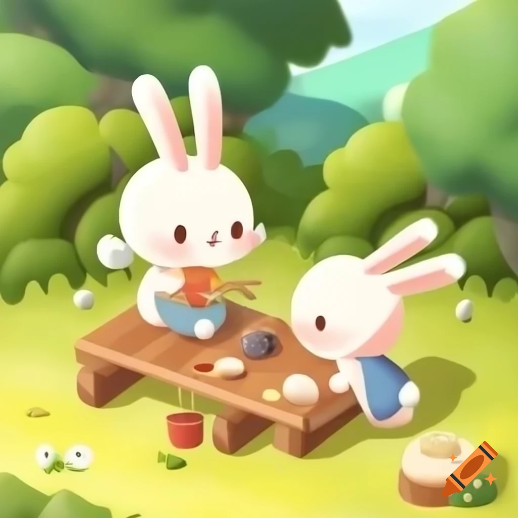 Chibi rabbits enjoying a picnic in a whimsical setting on Craiyon