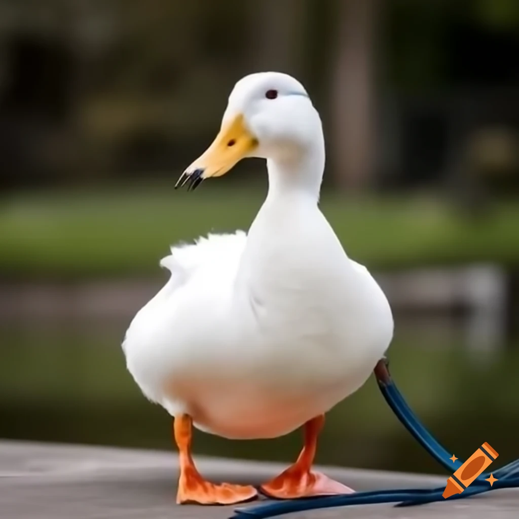 White duck being led on a leash