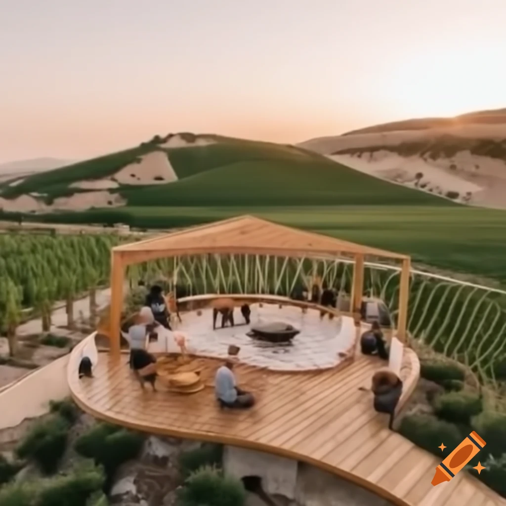 Therapeutic garden for PTSD with vineyards, mulberry and pomegranate trees, and wooden deck for yoga in Israel