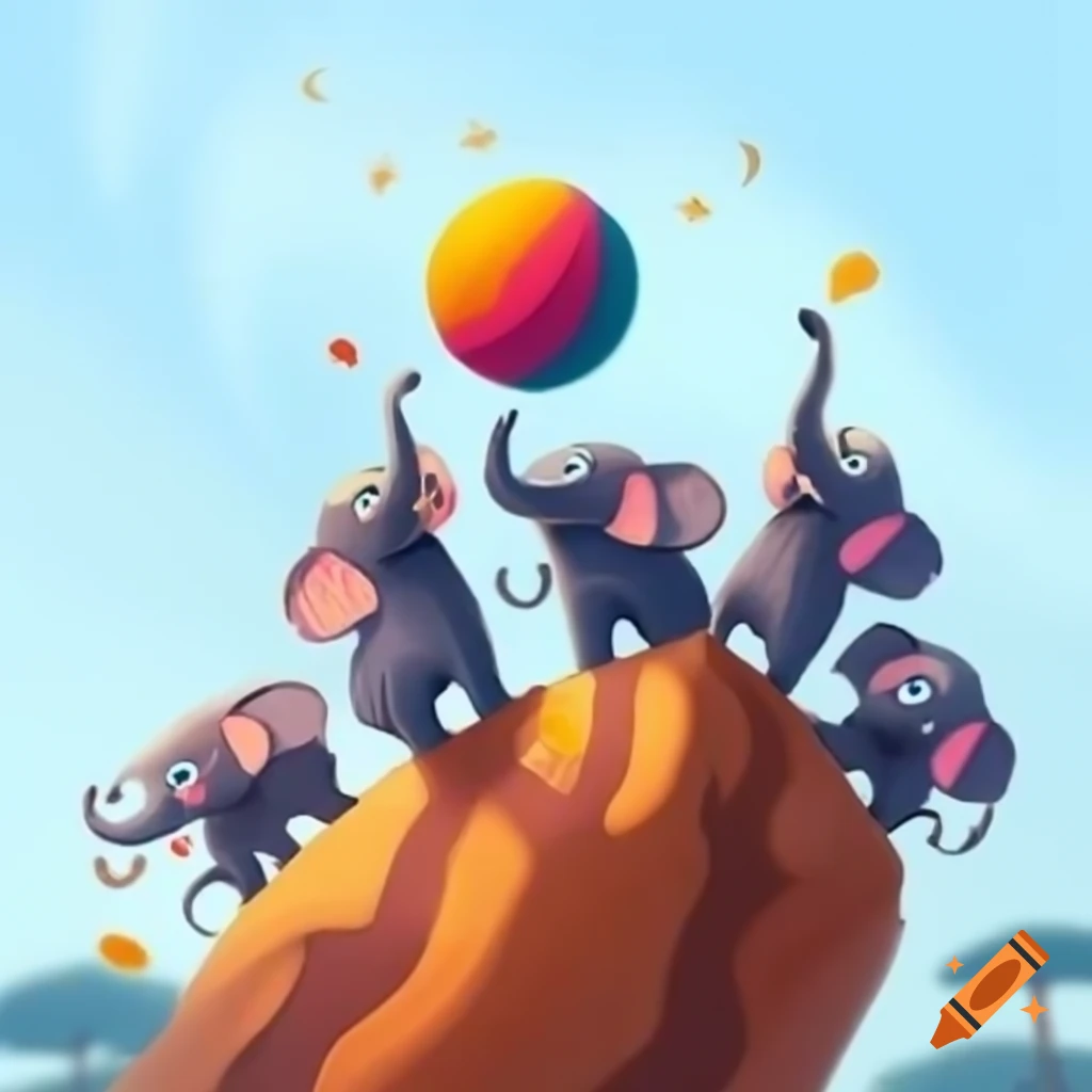 Whimsical illustration of elephants balancing colorful balls on their trunks