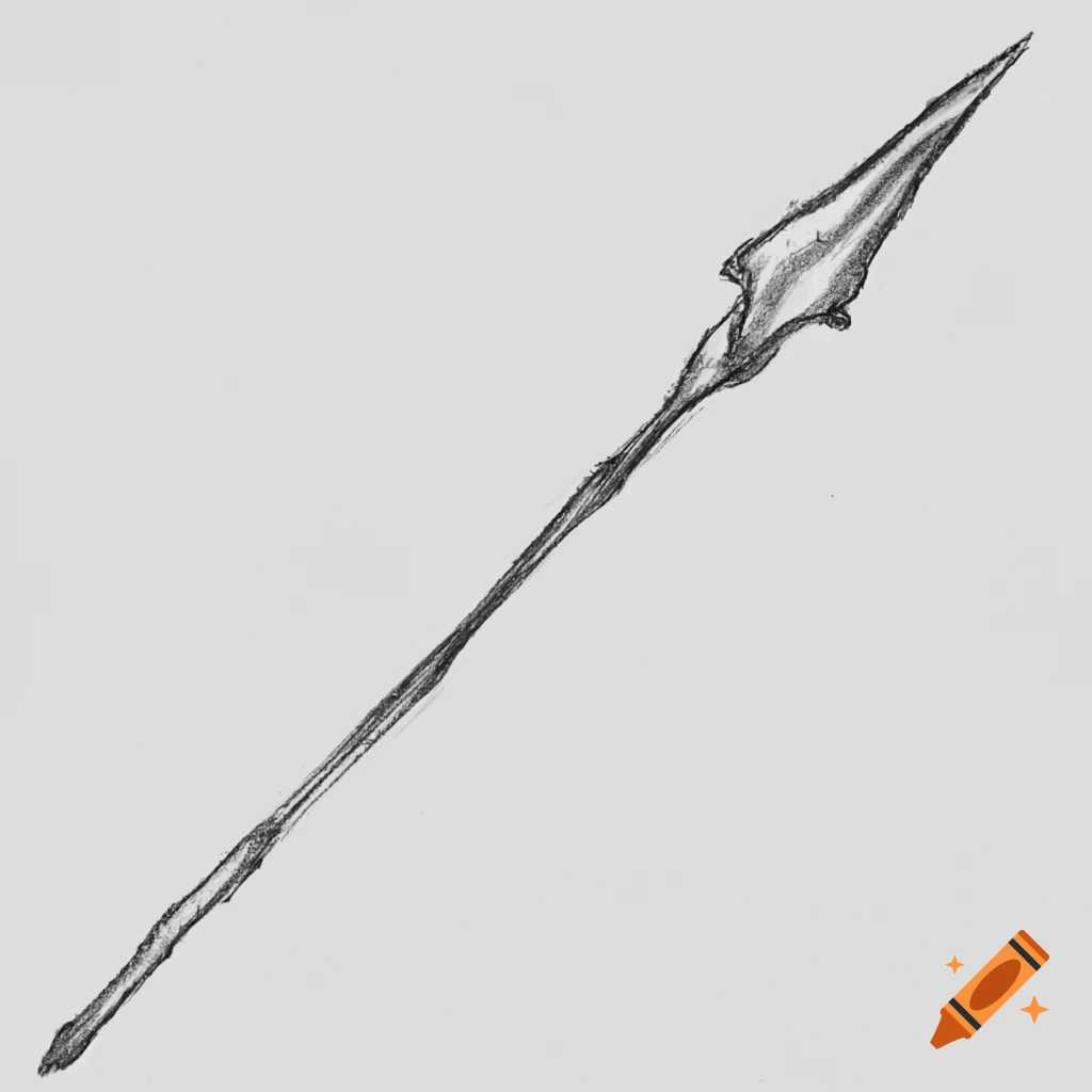 Hand-drawn sketch of a spear made from a great beast's fang on plain background