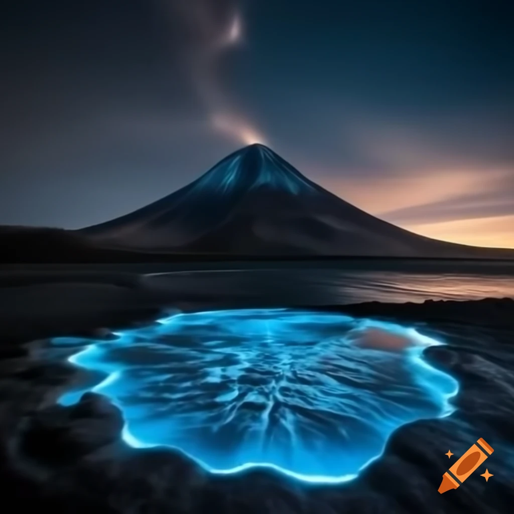 Beach shore with volcano and bioluminescent water at night