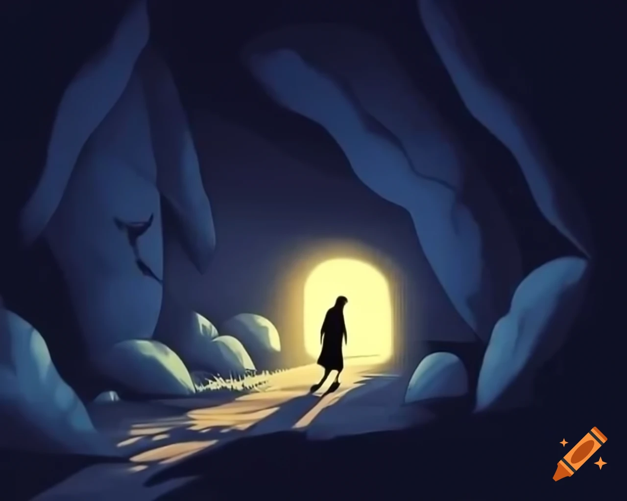 Silhouetted figure in a cave illuminated by soft light, deep in thought ...