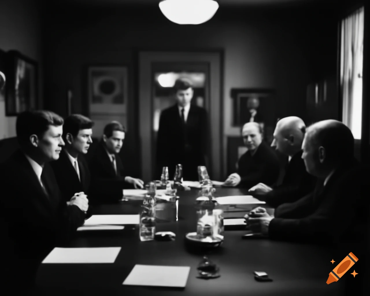 President John F. Kennedy and advisors in tense discussion around conference table