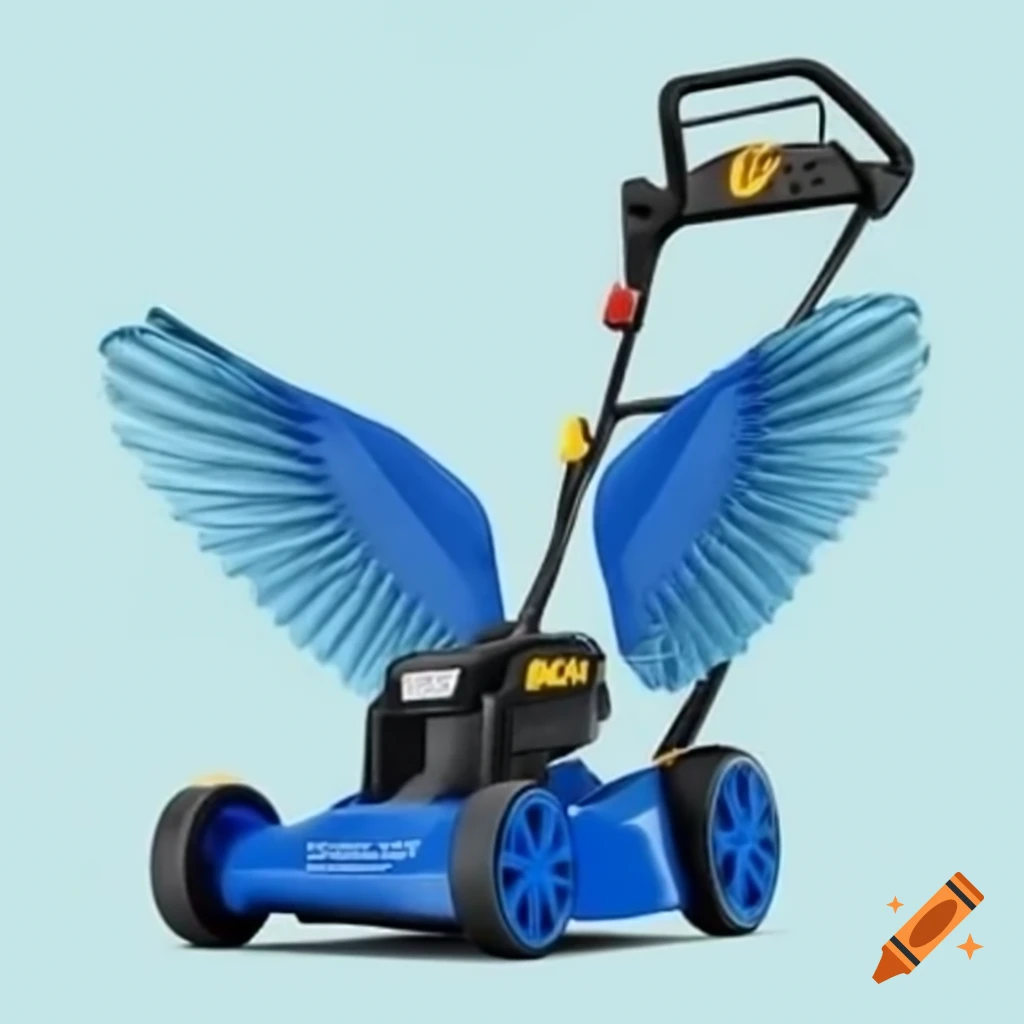 Flying blue lawnmower with wings