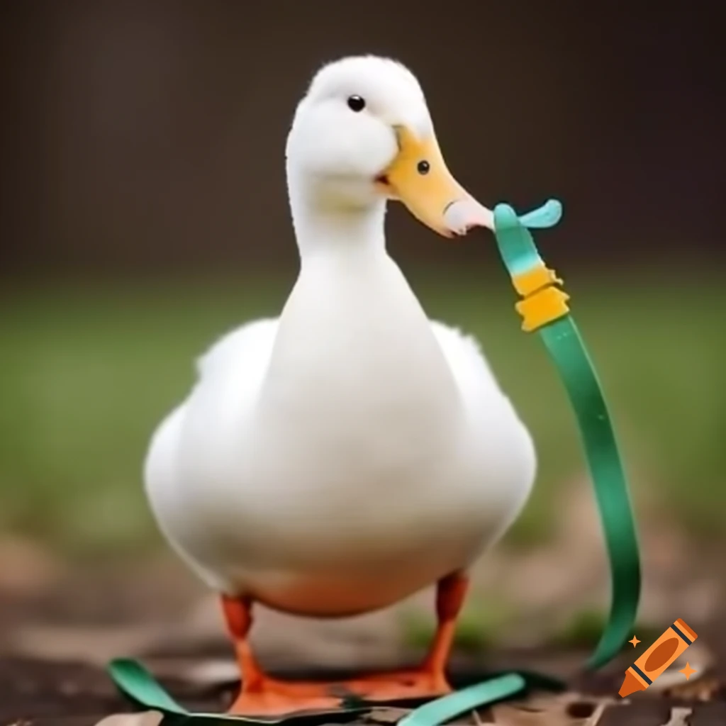 White duck being led on a leash