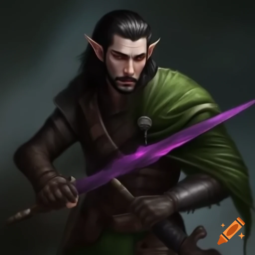 Dark-haired male elven warrior in leather armor wielding glowing purple sword