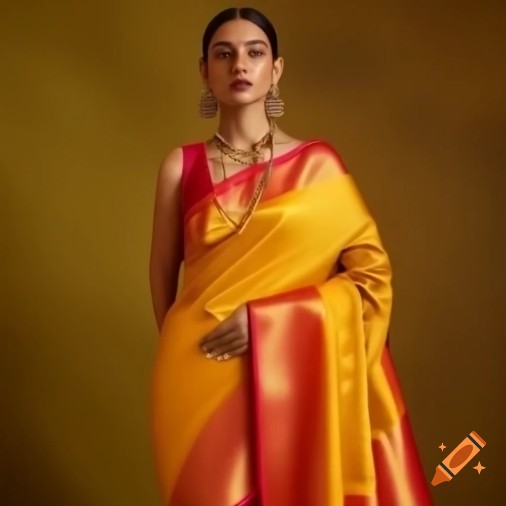 Woman in vibrant yellow Kanchipuram silk saree with red border and gold jewelry