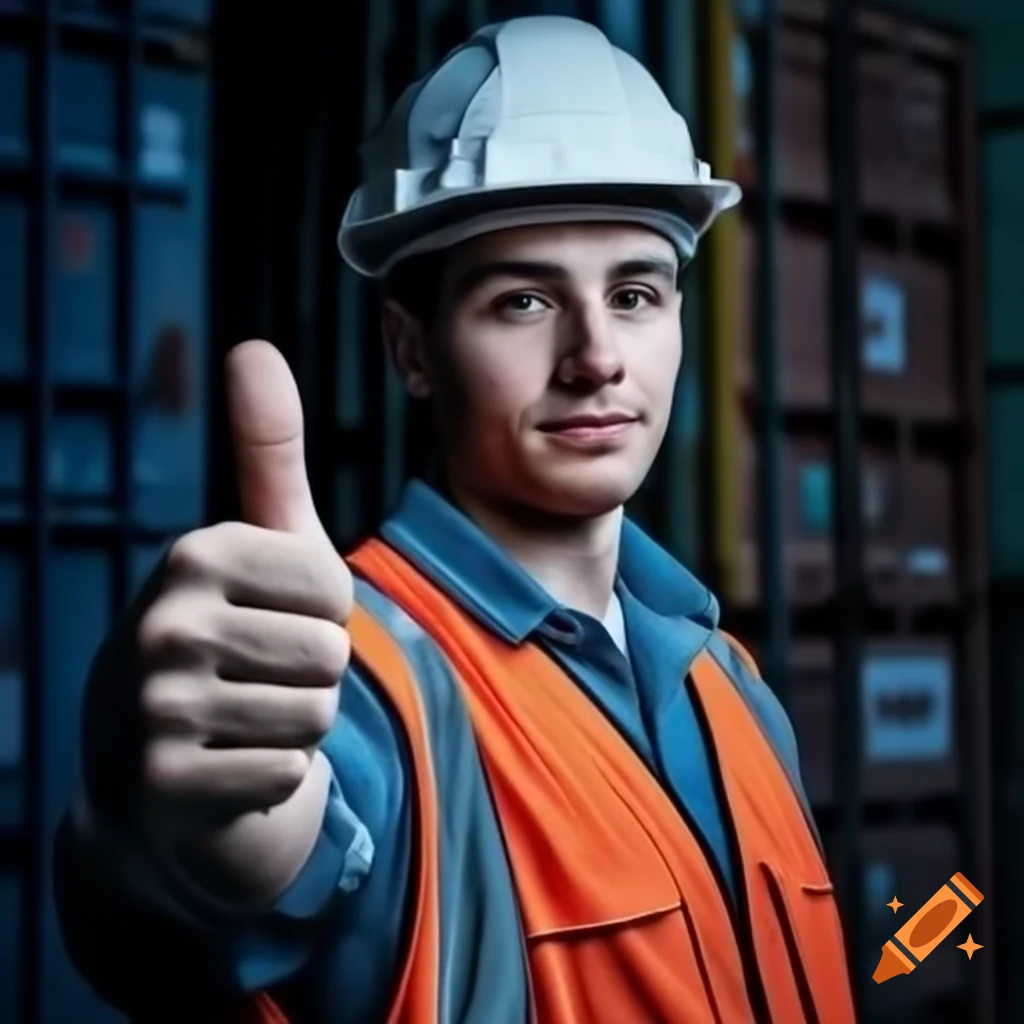 Logistics worker in construction safety helmet and blue reflective vest standing confidently