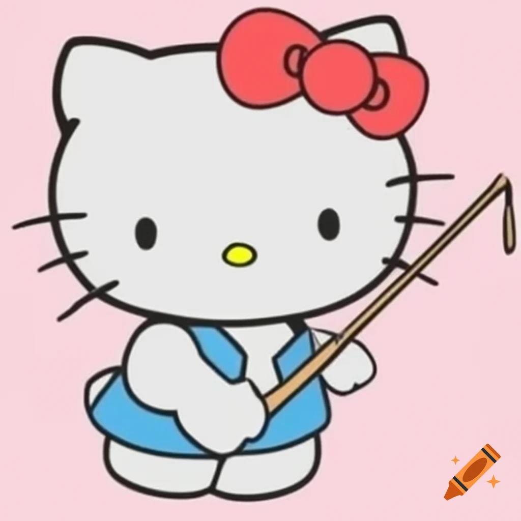 Hello Kitty fishing with fly rod and hat