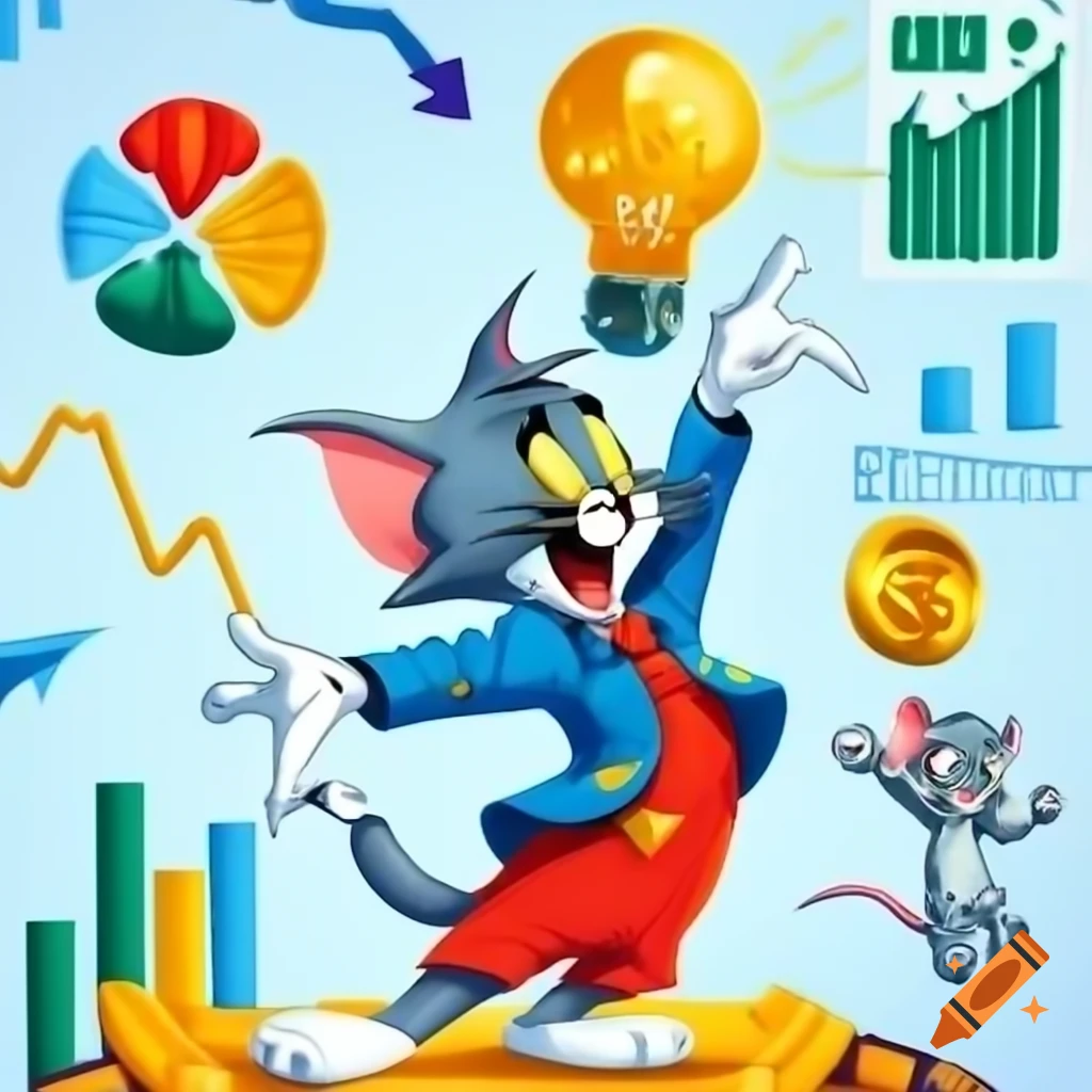 Cartoon-style Tom and Jerry in a financial setting with Jerry teaching Tom