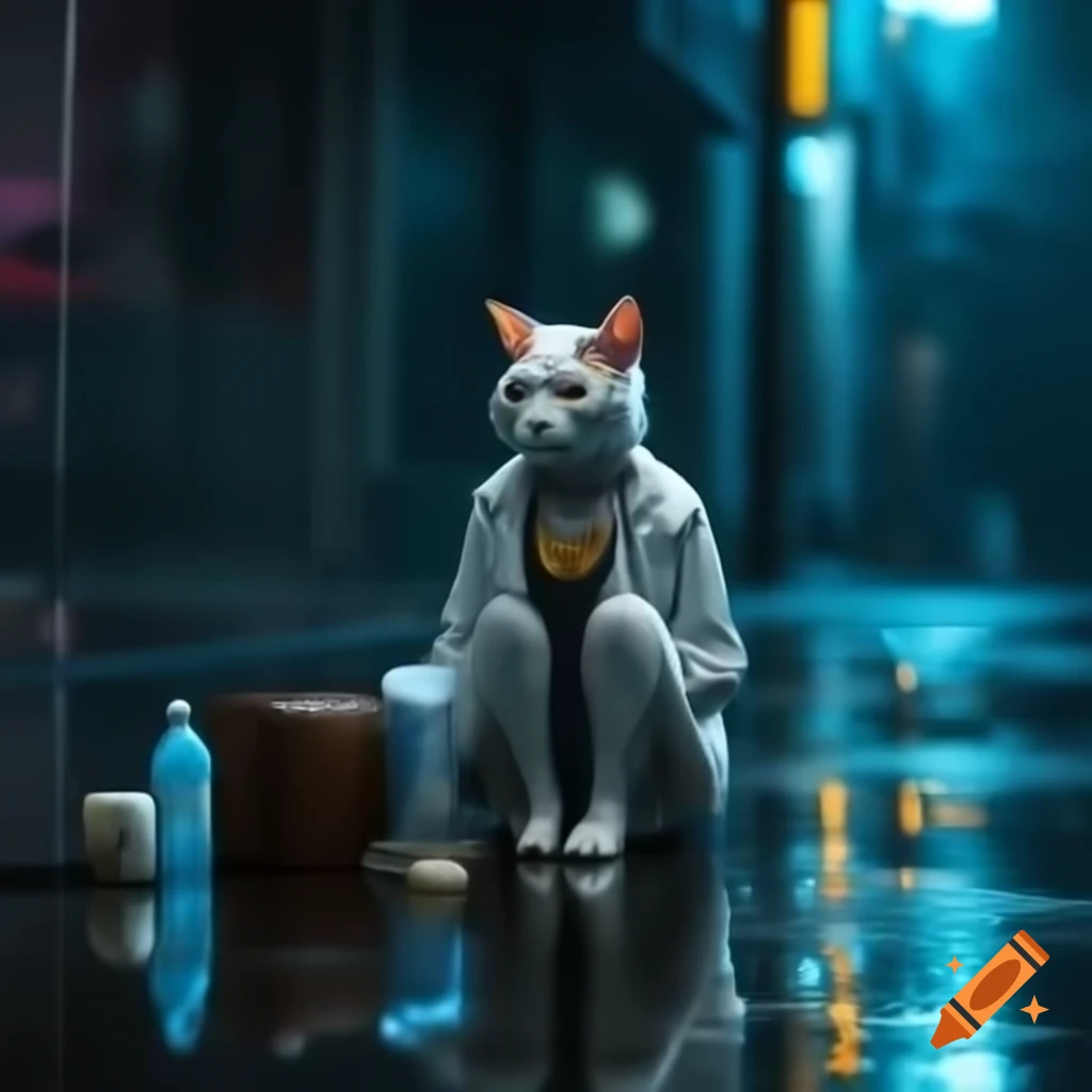 Humanoid cat in cyberpunk city at night with rain and sadness