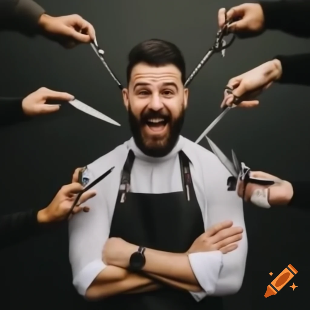 Jovial barber with shears, arms crossed, radiating professionalism