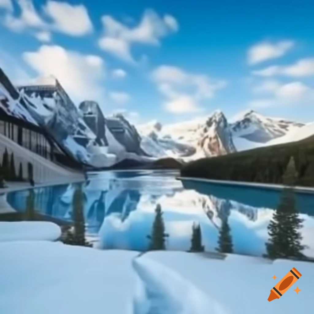 Serene winter landscape with frozen lake and snow-covered hiking path ...