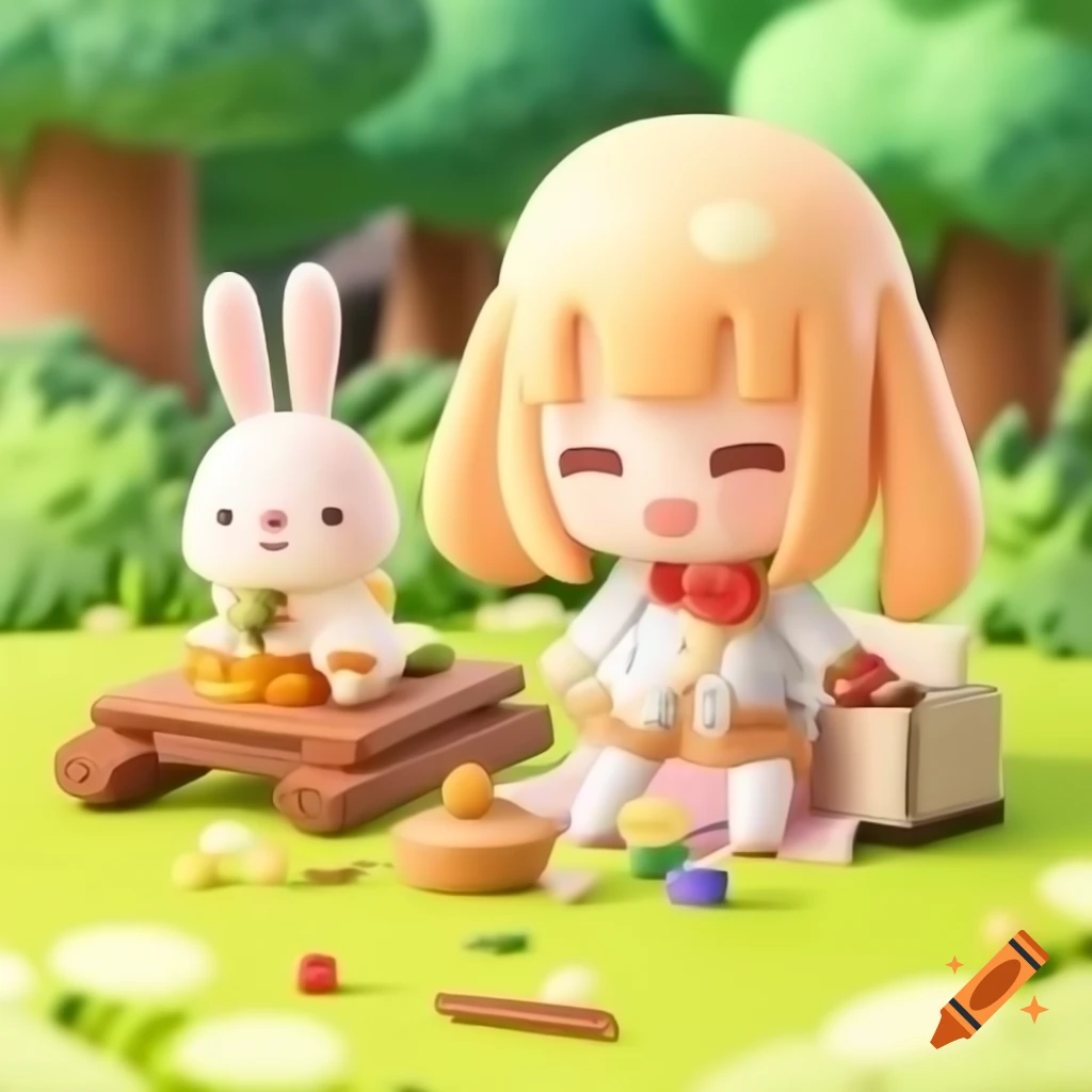Cartoon rabbits having a picnic in chibi style on Craiyon