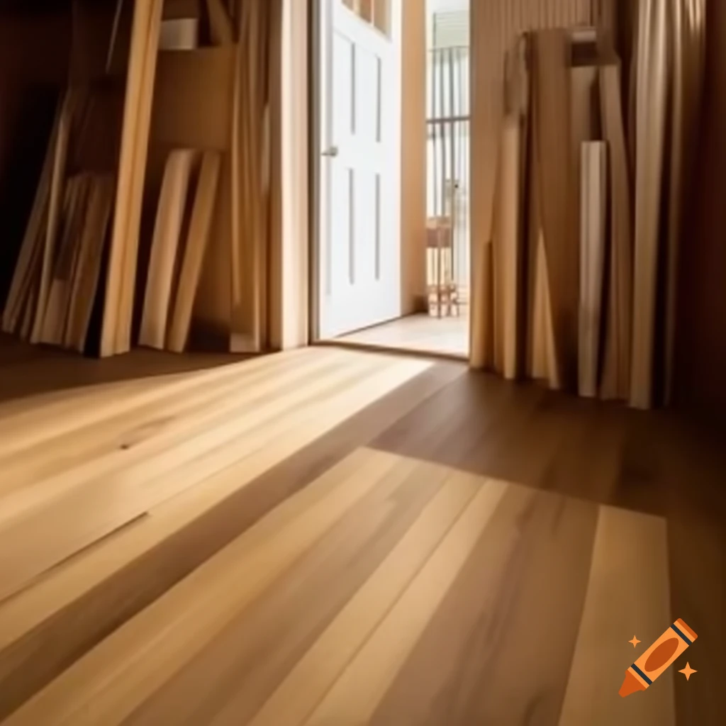 Sunlit room with natural wood floor and organized workshop showcasing timber products