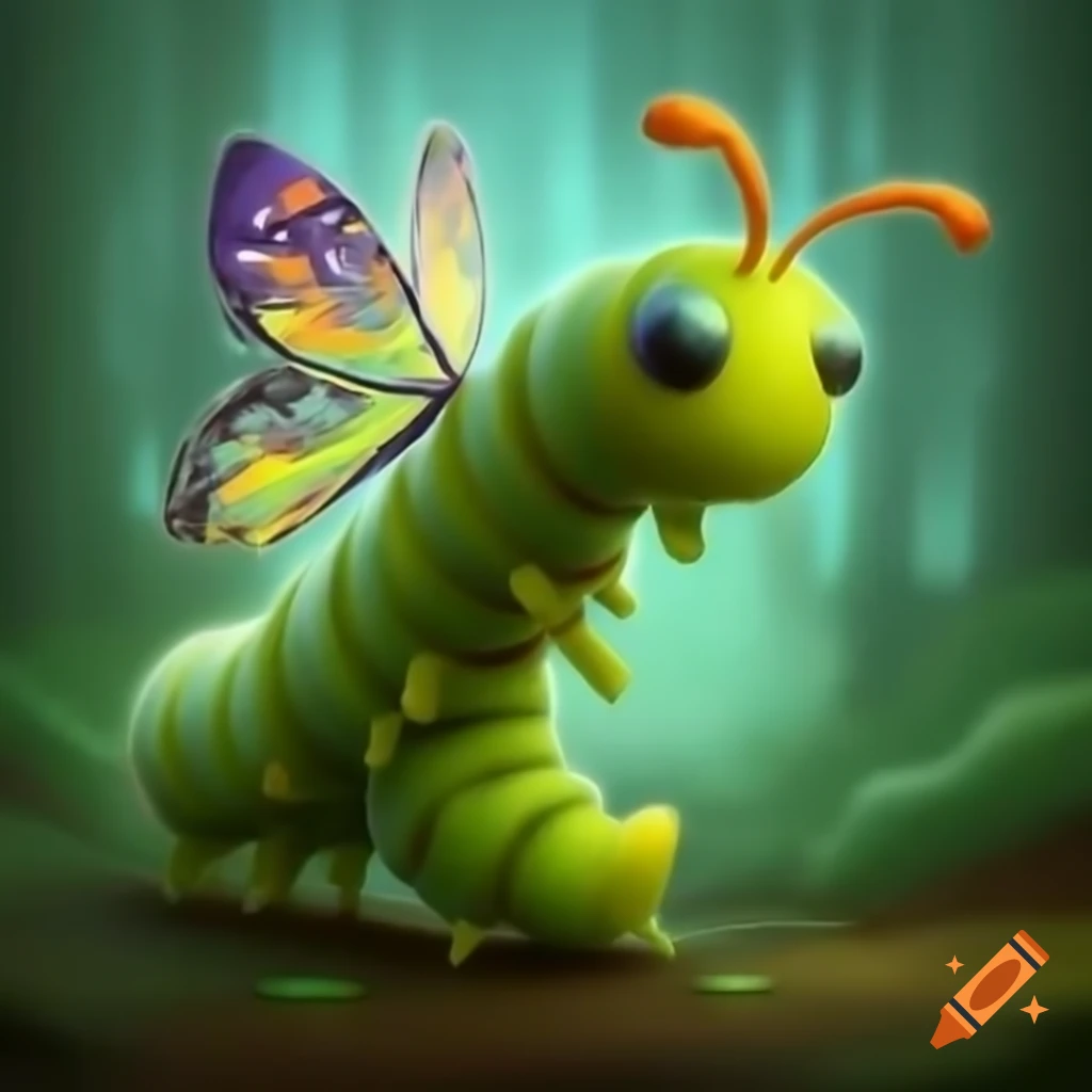 Caterpillar transforming into butterfly with digital glitch effect