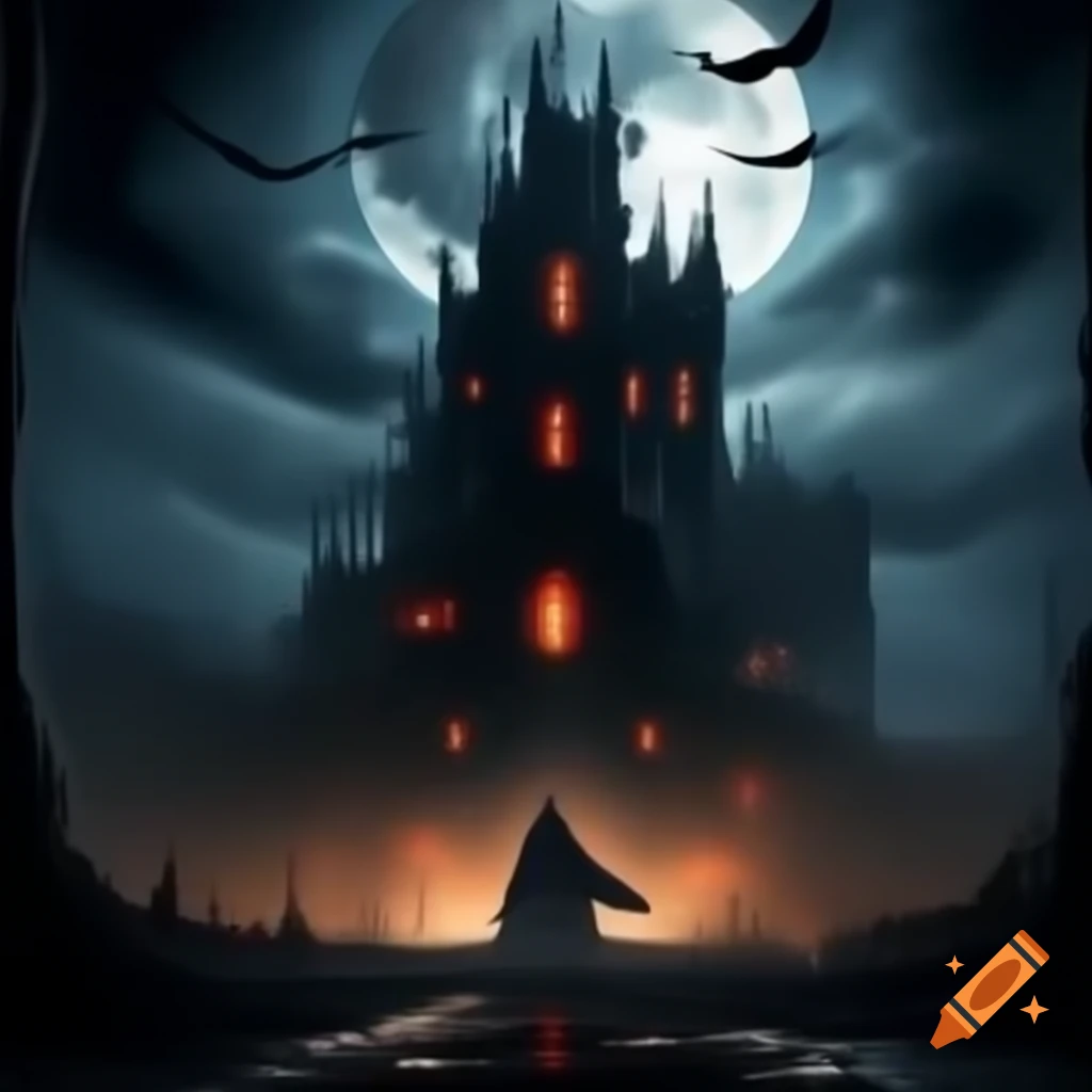 Gothic castle under full moon with mist, bats, and shadowy figure with ...